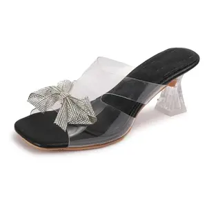 Denill Fashion Stylish Casual Transparent Bow Kitten Heel Sandal,Comfortable Sole For Womens & Girls (Black) Uk-8