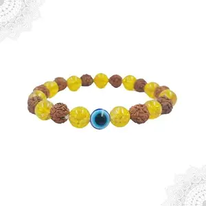 Rudraksha and Citrine Crystal Beaded Bracelet with Evil Eye Charm, 8mm Beads
