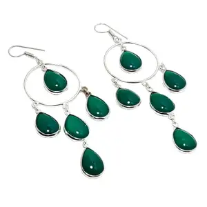 Silver Plated With Natural Green Onyx Gemstone In PURE 925 Sterling Silver Earrings | Pear Shape Earrings | Gift For Your Beloved | May Birthstone