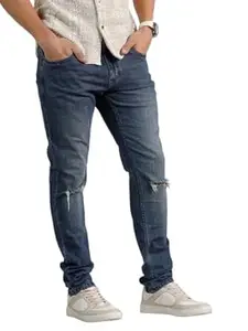 WROGN Men's Cotton-Lycra Jeans | Distressed | Slim Fit