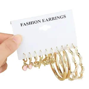 Yu Fashions Stylish Pink Heart Butterfly Golden Insect Pearl Golden Twisted Hoop Earing Set of 5 Pairs For Women