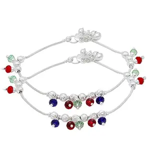 Memoir Silver plated Colourful Red, Blue & Green Hanging Drops Traditional Ghungroo charms beaded pajeb payal Anklet for Women