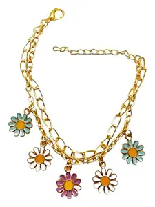 FemmibellaGold Plated Double Layer Multi color Flower Bracelet | Charm Bracelet For Women and Girls