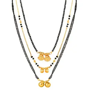 MEENAZ Combo Traditional Temple One Gram Gold Meenakari Copper Brass Wati Mangal sutra Pendant Tanmaniya Black Beads Simple Long Short Mangalsutra Combo Set For Women girls chain -MC-M40