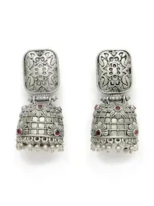 ADIVA Oxidised Silver-Plated Green Stone Studded & Pearl Peacock Shaped Jhumka Earrings Set for women, Traditional Stylish Jhumka for Girls Party, Wedding, Festive