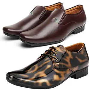 Vitoria Stylish Trendy Formal Shoes/Party Shoes/ 2 Shoes Combo with Free Belt for Men and Boys (BAZAAR8579_VTR01-Blk-Gld-2005-Brwn) Multicolor