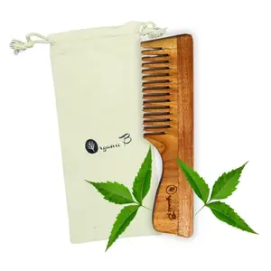Organic B Neem Comb - Natural Wooden Combs Infused with Neem, Castor & Coconut Oil for Detangling, Frizz Control, and Lustrous Shine - Ideal for All Hair (Neem Wide Teeth Handle)
