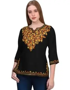 Women Embroidered Top & Tunic | Chikankari Top| Embroidery Short Kurti| Lucknavi Top Women Yellow Black L