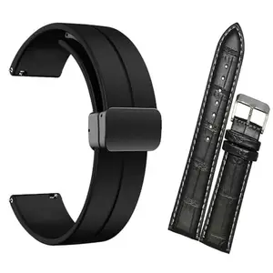 22mm Silicone Band & 22 mm Black Leather Compatible With Quick Release Straps black magnet & black leather
