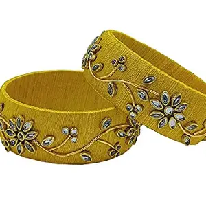 HARSHAS INDIA CRAFT Hand Made Silk Thread Bangles Worked Broad Kada Bangles With Kundan Stones Bangle set (Yellow) (Pack of 2/2) (Size-2/2)