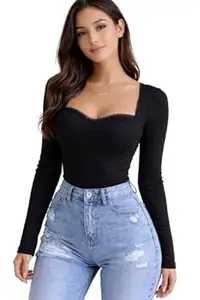 TIVANTE Solid Sweet Heart Neck Lace Top for Women Stylish Western | Full Sleeve top for Women | Ribbed Tops for Woman | Crop Tops | Korean Tops | skims top