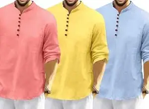 FINIVO FASHION Combo of Men’s Casual Full Sleeve Kurta Style Shirt with Button Placket |Regular Fit Ethnic Fusion Wear| Lightweight Breathable Fabric |for Daily & Festive Use Pack of 3