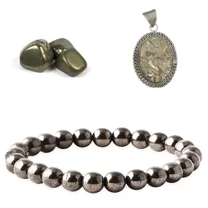 Natural Pyrite Crystal Pendant, Bracelet, Tumble,Combo for Wealth,Income Abundance & Prosperity- Reiki Healing Bracelet for Men & Women