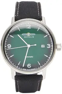 Zeppelin Rubber Men Automatic Analog Watch With Date And Sea Strap, Green Dial, Black Band