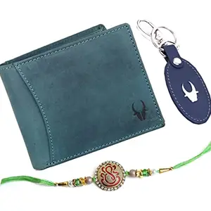 WildHorn Blue Leather Men's Wallet, Keyring and Rakhi Set (RAKHIGIFTBOX-HUNTERBLUE-4001)