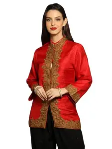 Exotic India Kashmiri Red Silk Short Jacket with Detailed Paisley Aari Embroidery, Red, X-Small