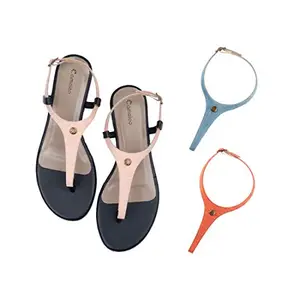 Cameleo -changes with You! Women's Plural T-Strap Slingback Flat Sandals | 3-in-1 Interchangeable Strap Set | Baby-Pink-Light-Blue-Red