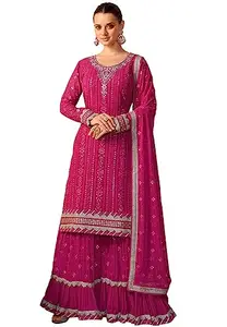 Miss Ethnik Women's Faux Georgette Stitched Top with Stitched Bottom and Dupatta Full Sleeve Embroidered Straight Kurta, Pink, XXL