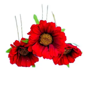 Maahal Sun Flower Style Hair Juda Pins For Hair Styling And Bun Decoration Accessories Pins Gajra for Women and Girls Pack of 4, Red