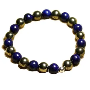 RRJEWELZ Unisex Bracelet 8mm Natural Gemstone Golden Pyrite & Lapis Lazuli Round shape Smooth cut beads 7 inch stretchable bracelet for men & women. | STBR_03470