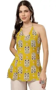LABEL ADRIJA Women's Pure Cotton Backless Sleeveless Short Kurti Top for Women with Knots Printed Halter Neck Straight | Sleeveless Ethnic Summer Tunic for Casual