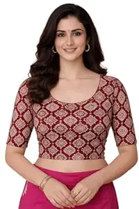 Amazon Brand - Anarva Women's Kalamkari Print Cotton Stretchable Round Neck Readymade Saree Blouse