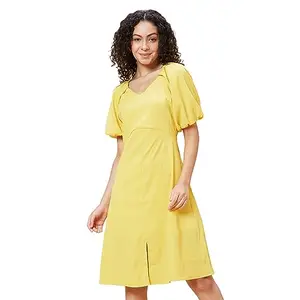 Globus Women Yellow Solid V-Neck Casual A-Line Dress-3638500001