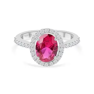Ornate Jewels 925 Silver Red Ruby and American Diamond Oval Halo Ring for Women and Girls | With Certificate of Authenticity & 925 Stamp | Life-time Warranty*