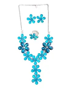 Korean Glass Stone Fashion Jewelry Chain With Pendant Necklace with Earrings Ring Set Flower Design For Women And Girls
