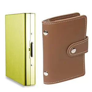 Stealodeal 8 Slot Gold Metal with PVC Brown PU Leather RFID Blocking (Unisex) Card Holder (Combo of 2)