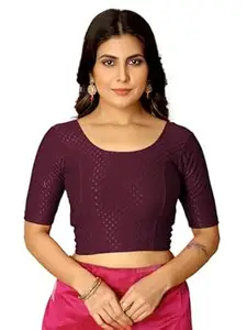 Amazon Brand - Anarva Round Neck Dobby Cotton Lycra Stretchable Elbow Half Sleeve Readymade Saree Blouse for Women Stylish