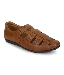 UrbanMark Men Comfortable Faux Leather Slip-On Floaters Sandals- Brown_8905723020200