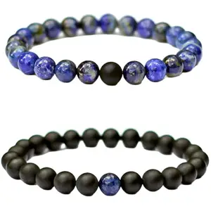 RRJEWELZ lapis lazuli & matte black onyx 8mm Round Smooth beads Long Distance Couples Love Friendship Combo Bracelet Set - Couples Relationship 6 inch Stretchable Bracelets set|RR_CPBR_172_6