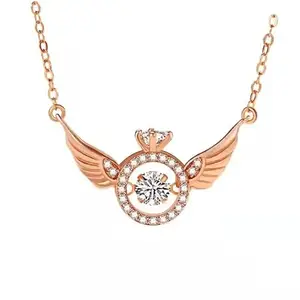 Vembley Angel Wings Moving Crystal Rosegold Pendant Necklace For Women And Girls