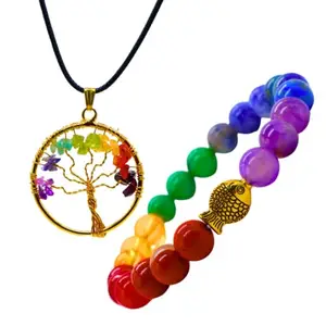 VIBESLE Combo of Chakra Tree Of Life Healing Crystals Stones Pendant and & 7 Chakra Beads Bracelet with Fish Charm, Feng Shui, Reiki Healing, Energy, Meditation Gift, Crystals and Stones, Spiritual Items.