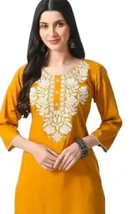 Rayon Short Kurta for Women Lakhnavi Chikankari Embroidered Ladies Kurti, Stylish Girls Top, Ethnic Half Kurtas (in, Alpha, L, Musterd)