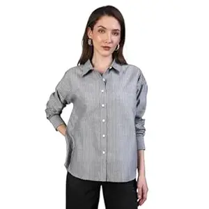Urbano Fashion Women's Cotton Full Sleeve Oversized Fit Casual Striped Shirt with Spread Collar