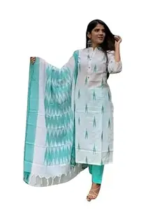 Shilp Bazaar Pure Cotton Ikkat Unstitch Fabric Womens Suite Top 2.5 Meter Bottom 2.5 Meter & Dupatta 2.25 Meter (Turquoise & White)