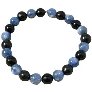 RRJEWELZ Unisex Bracelet 8mm Natural Gemstone Blue Kyanite, Shungite & Black Tourmaline Round shape Smooth cut beads 7 inch stretchable bracelet for men & women. | STBR_02156