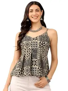 Pinkmint Women Pure Cambric Cotton Printed Peplum Top | Sleeveless Spaghetti Strap Summer Casual Top for Women & Girls