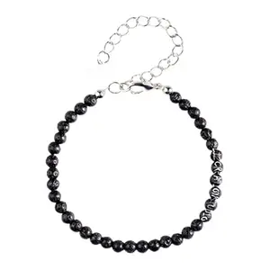 LKBEADS Silver Plated Bracelet with Black Smooth Volcanic Lava Beads – Round 4mm – 7 inch Adjustable – For Men & Women|LK_STACK_06591