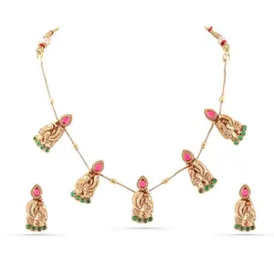 Rubans 18K Gold-Plated Ruby Pink & Emerald Green Studded Temple Necklace Set with Peacock & Floral Motifs for Women & Girls – for Festive & Traditional Looks