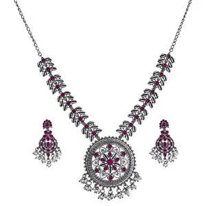 RANGAT OXIDISED BEAUTIFUL NECKLACE WITH EARINGS FOR WOMEN WITH PEARL TOO (Maroon)