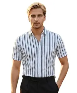 Afflatus Men’s Striped Half Sleeve Cotton Shirt | Slim Fit Casual Summer Shirt for Men | Lightweight Breathable Button-Down Shirt for Office and Travel