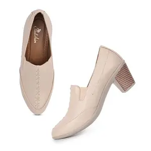 Padchin Womens Smart Casual Round Toe Block Heel Cream Pumps | Formal and Casual Fashion sandal with Stiletto Heels | Ladies Comfortable and Fashionable Women Pump Shoes