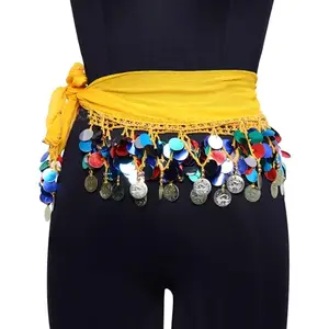 RADIANT FASHION WORLD Women's Arabic Belly Dance Hip Scarf Waistband Belt Skirt With Colorful Leaves Gold Coins - Lime Yellow