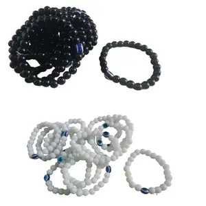 ZOKCY® Combo (2 Black Moti Hand Band + 2 White Moti Hand Band) With Single Evil Eye/Nazar Charming Friendship Cuff Wrist Band For Men's