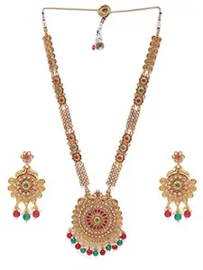 ACCESSHER Gold Plated Handcrafted Antique Ruby Green Long necklace with earring set for women and girls set of 1