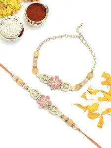 Karatcart Gold Plated Pink Floral Kundan Bhiya Bhabhi Rakhi with Roli & Chawal