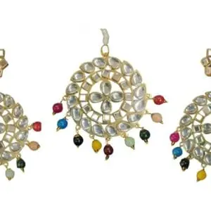 LA BELLEZA Gold Tone Traditional Kundan & Pearls Multicolor Earring & Maangtikka Set For Women